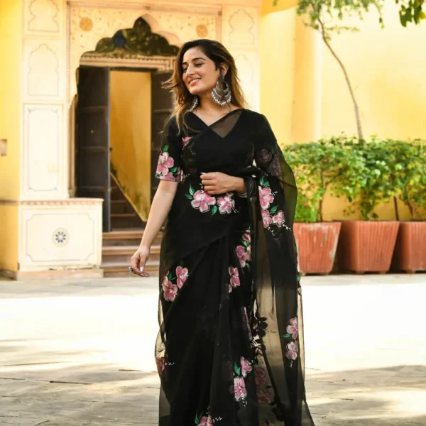 anarkalisalwarsuitonlineindia-5603-1 Black Organza Handpainted Saree